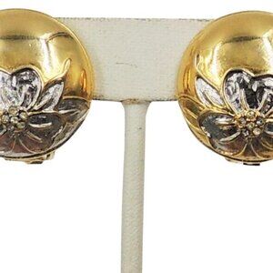 Vintage 1980s Valentino Goldtone & Rhodium Plate Rhinestone Flower Clip Earrings